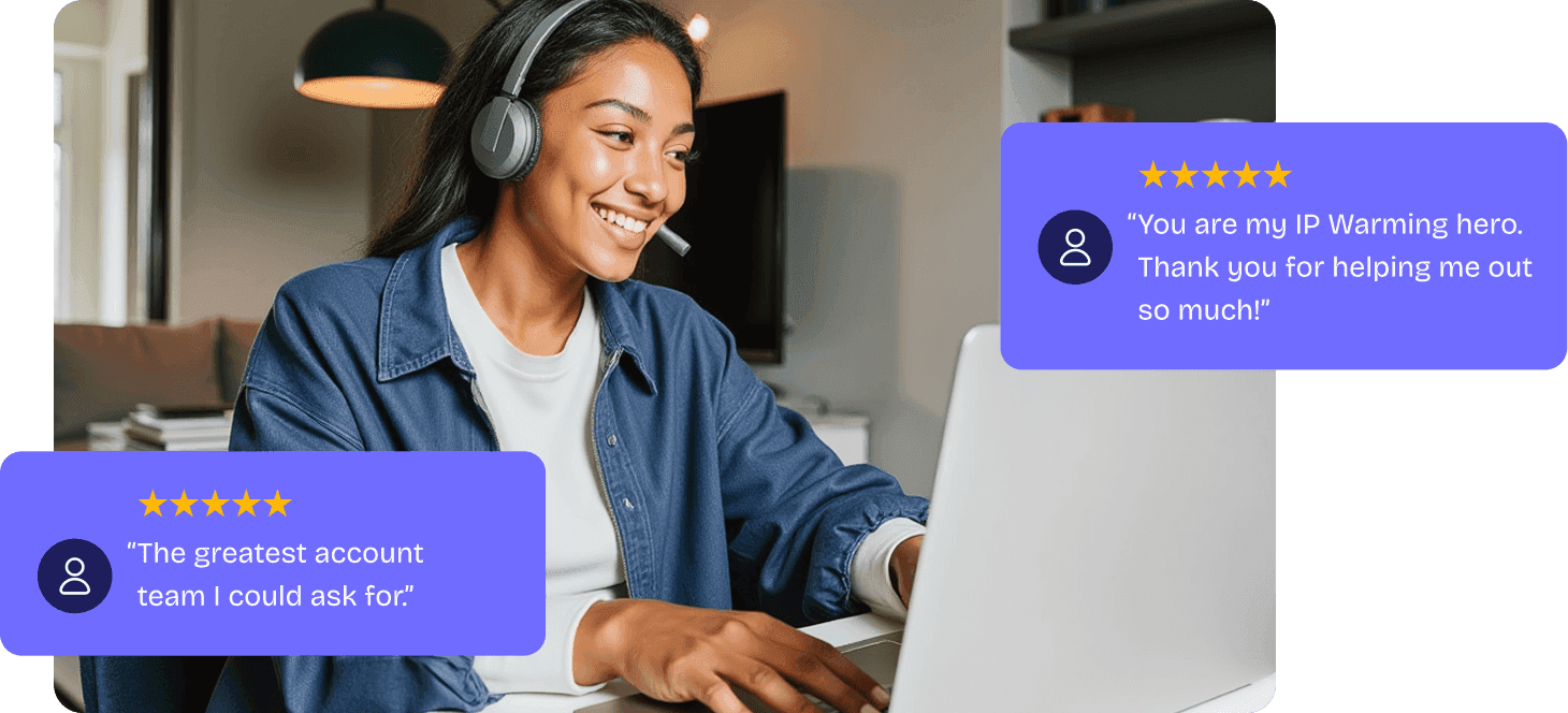 Woman wearing a headset and working on a laptop while 5-star customer reviews appear on screen.