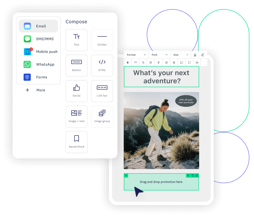 Drag-and-drop editor featuring composing options and marketing channels alongside a hiking-themed promotion.