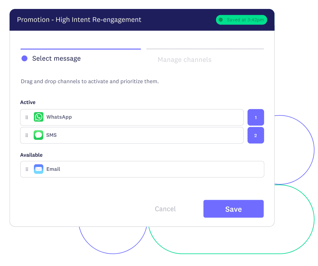 User composing a message while selecting WhatsApp and SMS as preferred channels instead of email.