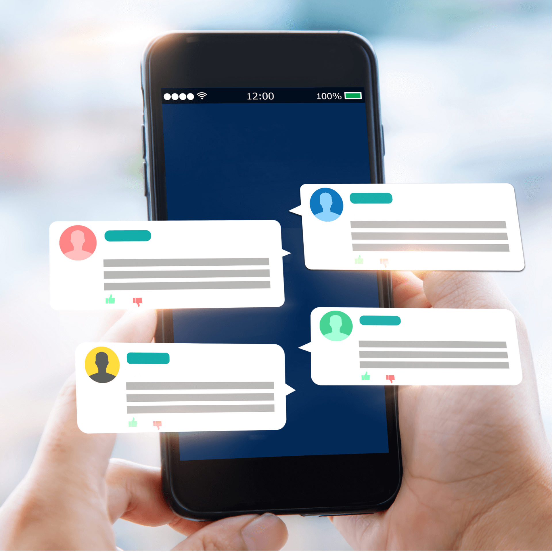 Person holding a phone that has graphics of text bubbles coming from it to indicate digital communication.