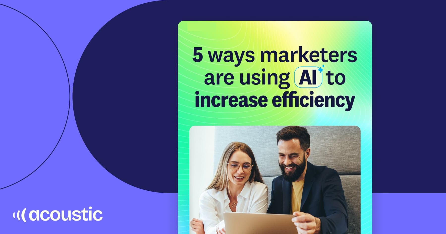 Marketers discussing AI strategies for efficiency, with key points highlighted in modern graphic design.