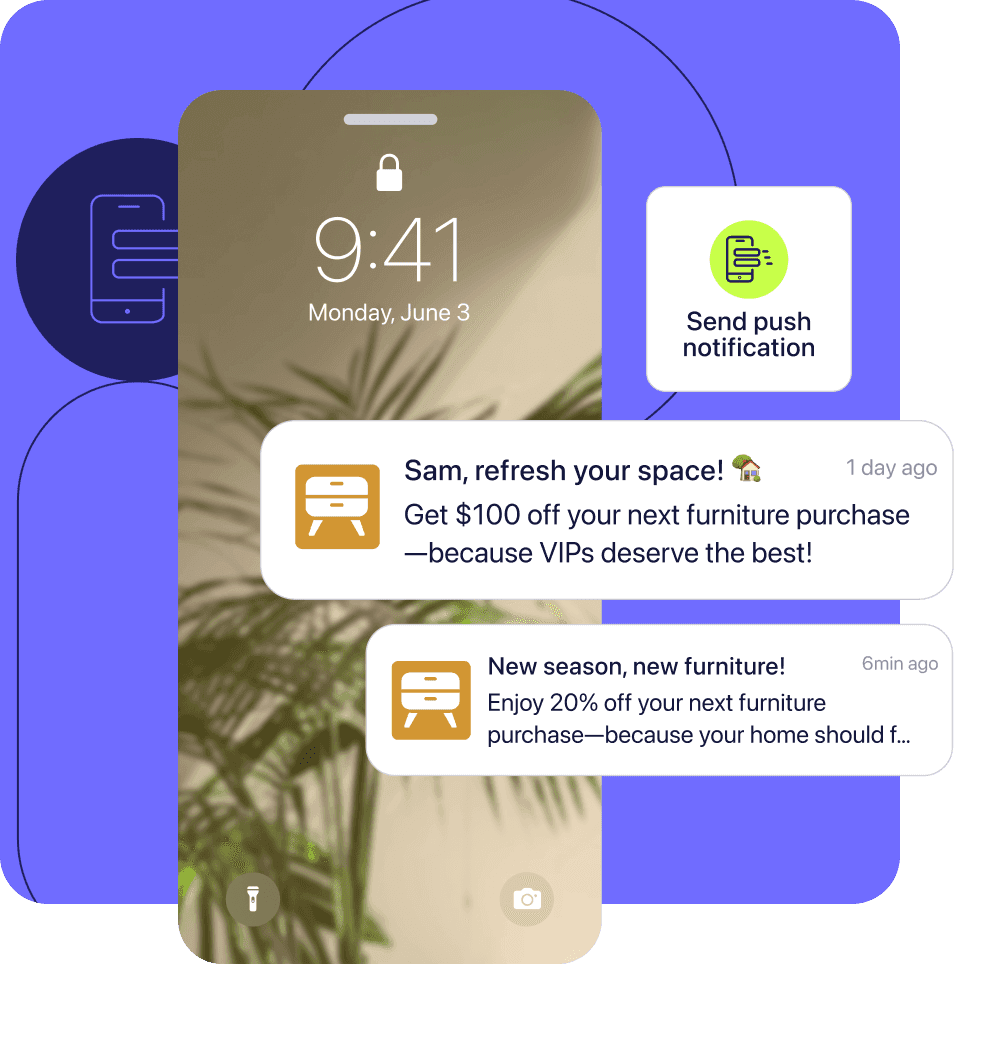 A phone background with two mobile app messages promoting $100 off and 20% off the next furniture purchase, alongside a "Send push notification" button.