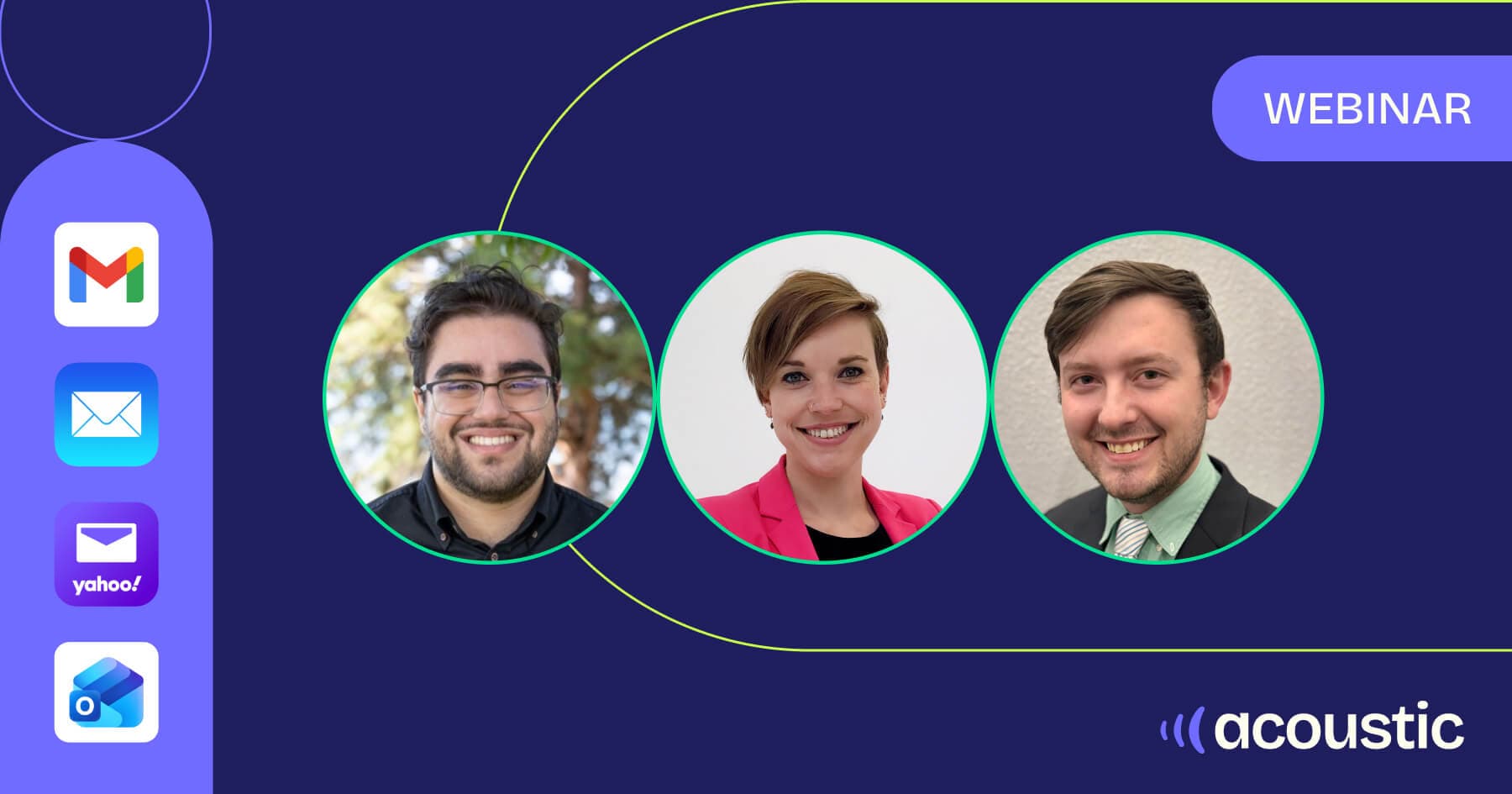 Email deliverability webinar featuring three experts with Gmail, Yahoo, and Outlook platform icons