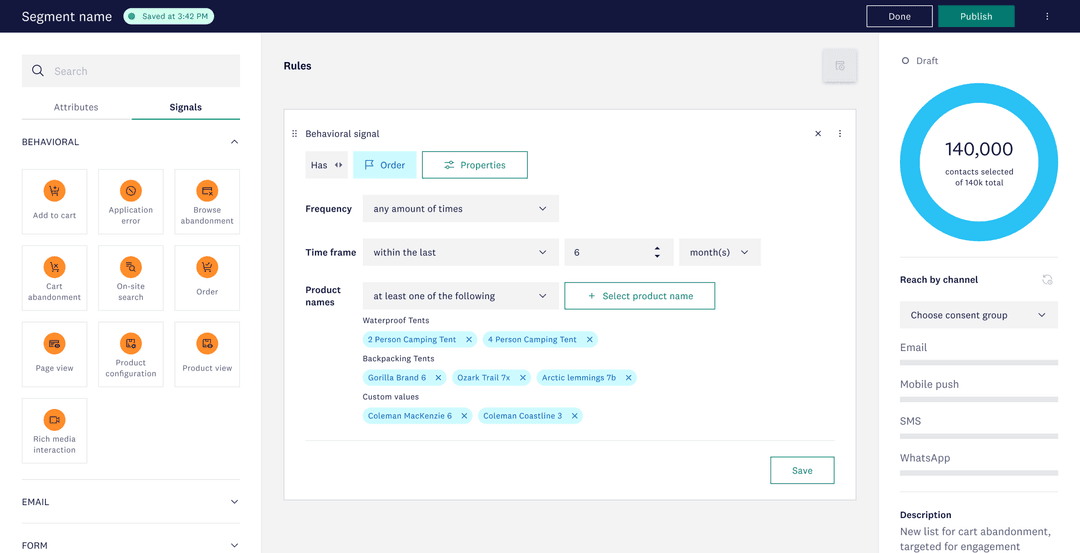 Segmentation UI screen to configure filters for product names and recent activity.