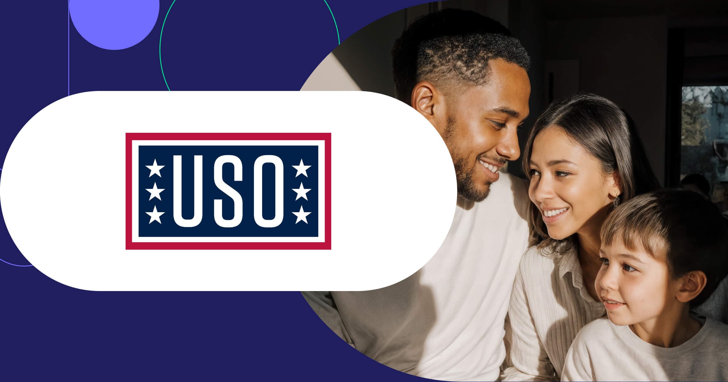 USO logo with military family spending quality time together during service member home support program