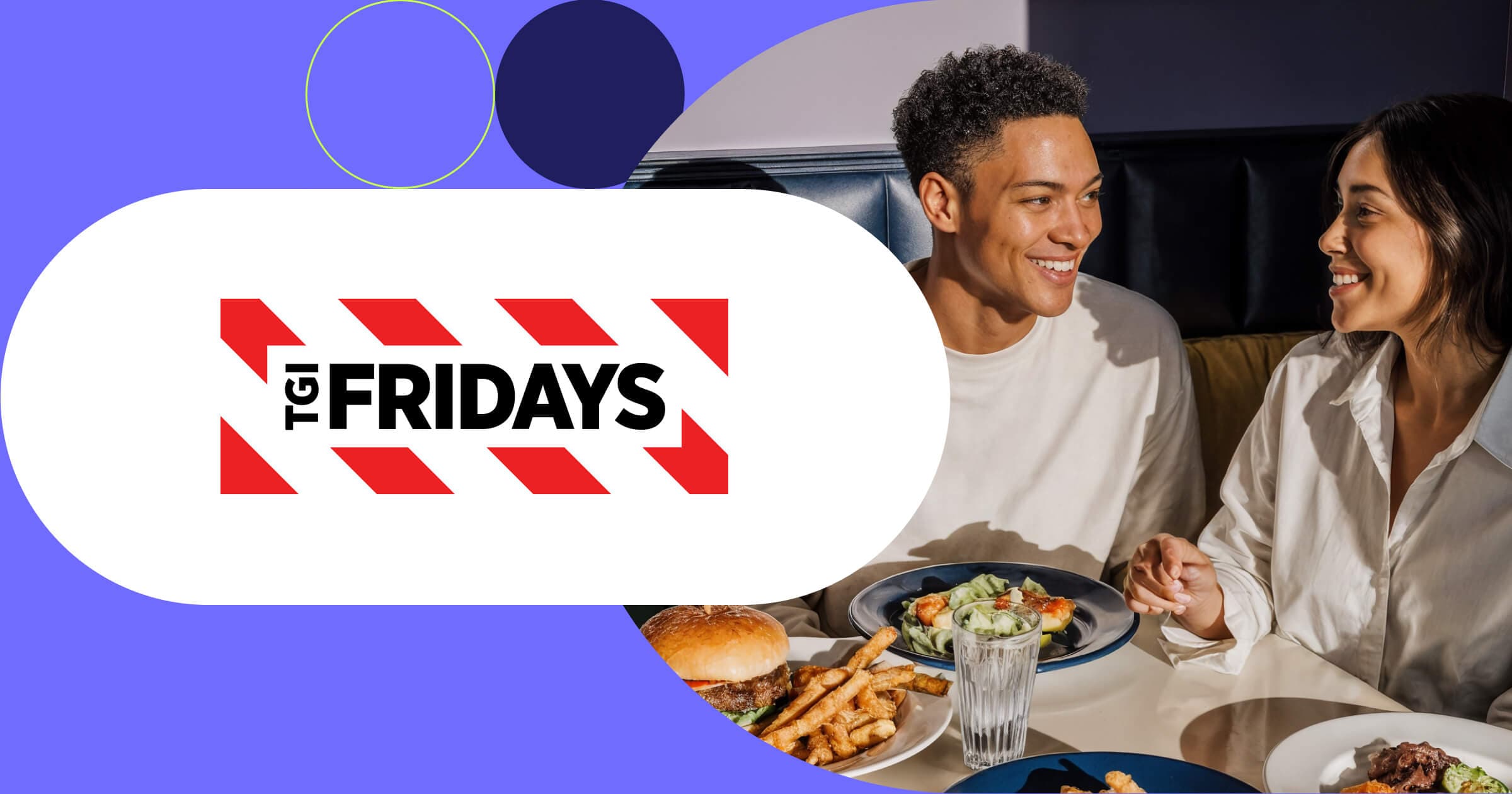 TGI Fridays logo with couple enjoying casual American dining experience with burgers and fries at restaurant booth