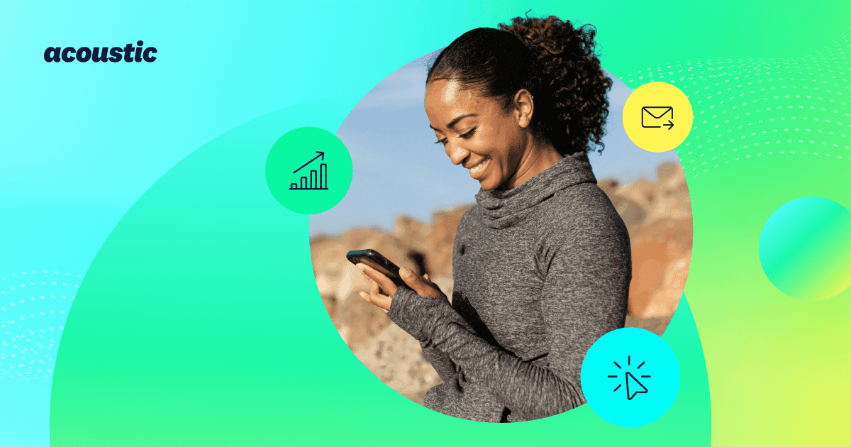 Smiling woman checking her phone outdoors, surrounded by icons for growth, email, and clicks, with the Acoustic logo, used as a blog unfurl image.