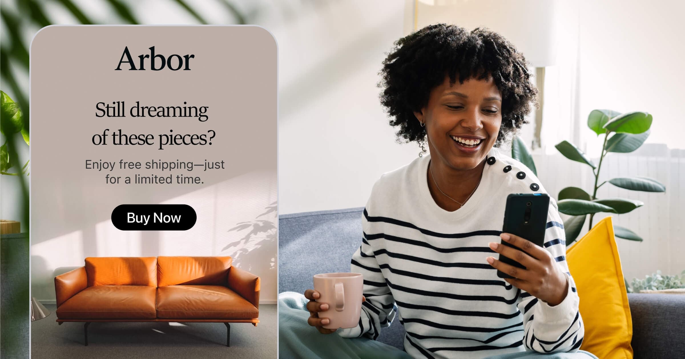 Woman smiling at phone next to a furniture store email offering free shipping promo for abandoned cart.