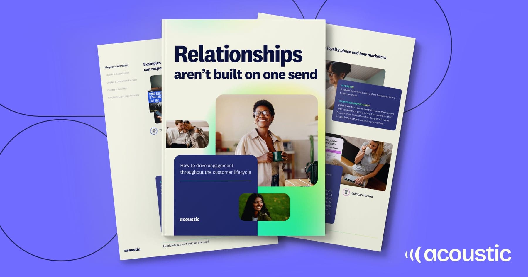 Cover of a marketing guide titled "Relationships Aren't Built on One Send," featuring a smiling person holding a coffee cup and engaging with a laptop. The image promotes customer engagement strategies.