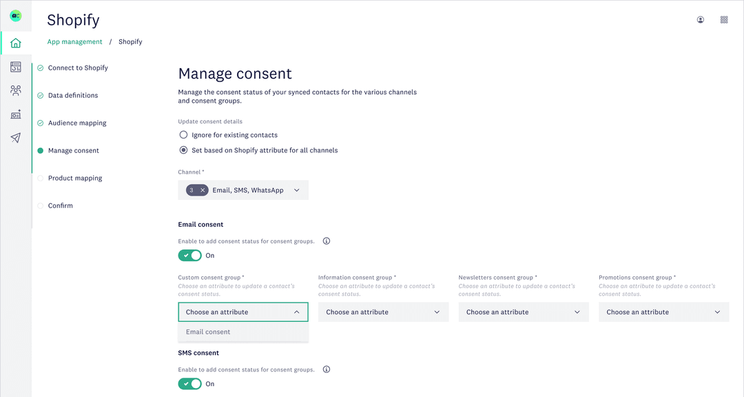 Shopify consent management screen showing email and SMS settings for synced contact permissions.