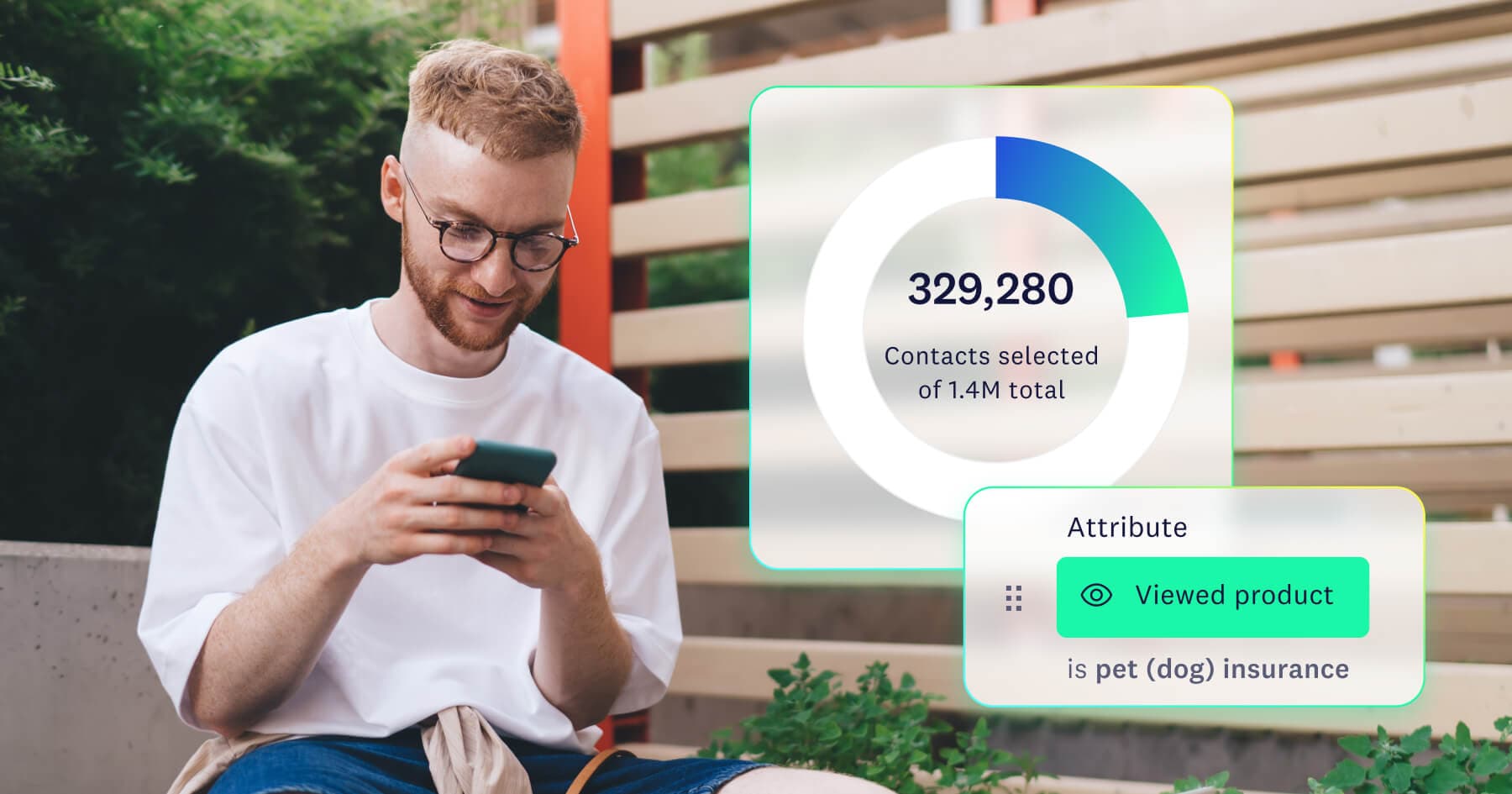 Young man using smartphone, overlaid with segmentation data for pet insurance product views.
