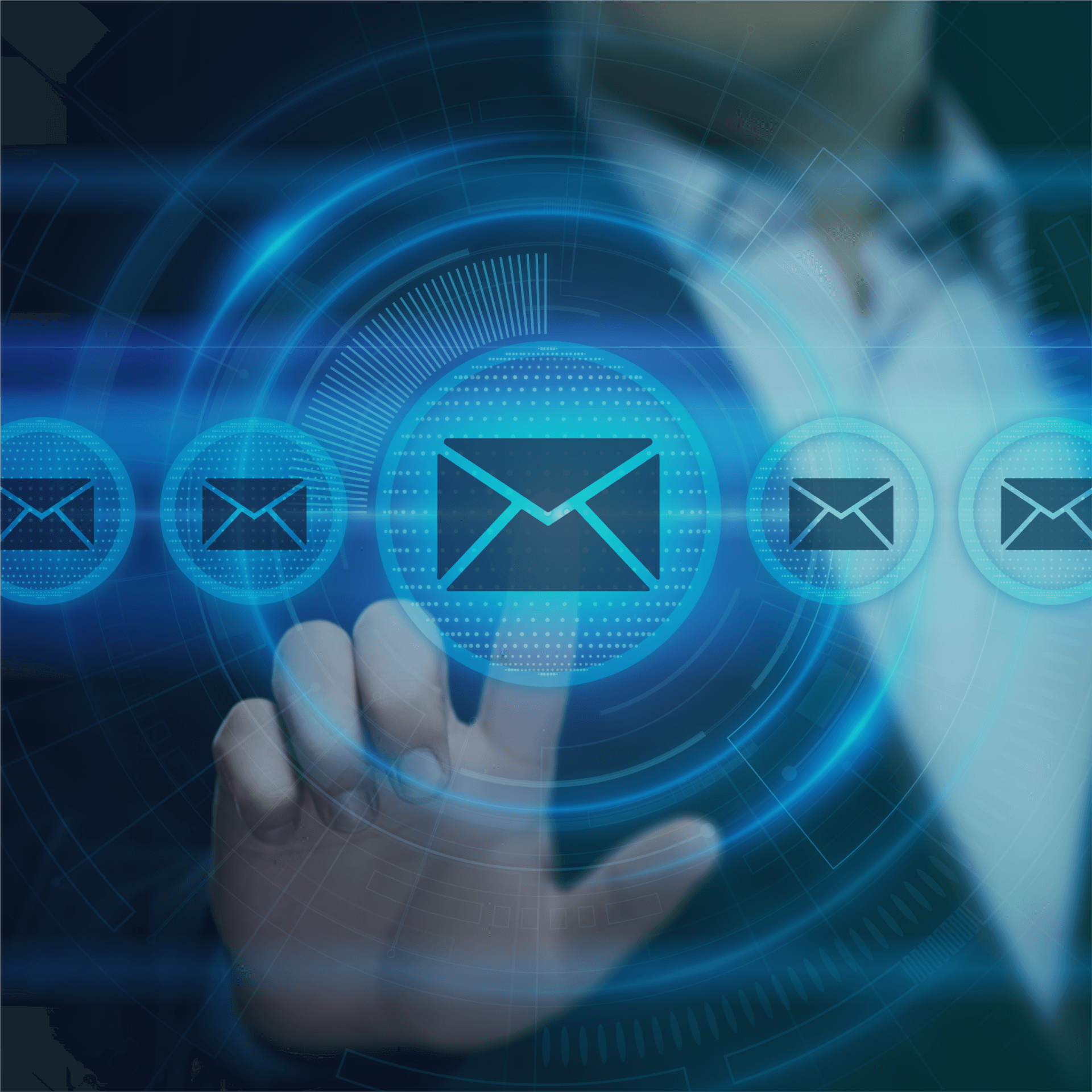 Five email icons with a person selecting one in the center.