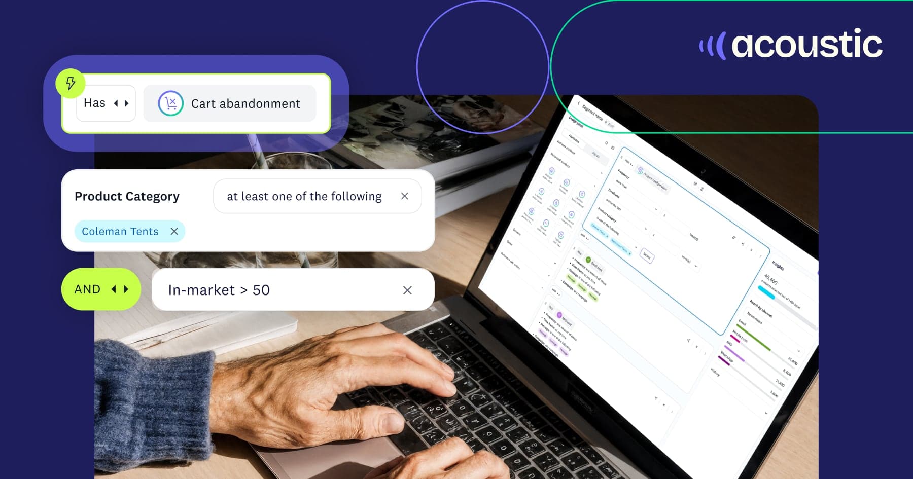 Hands typing on a laptop with retail segmentation and personalization callouts