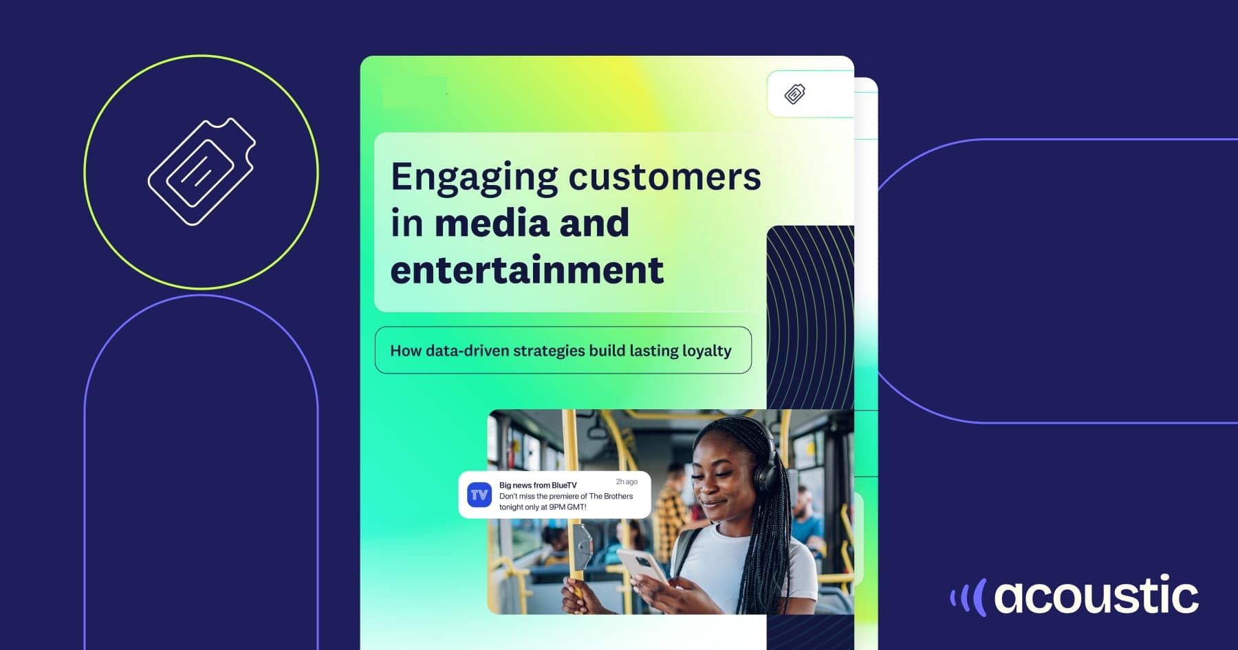 A woman smiles while using her smartphone on a train, surrounded by colorful graphics promoting customer engagement in media and entertainment.