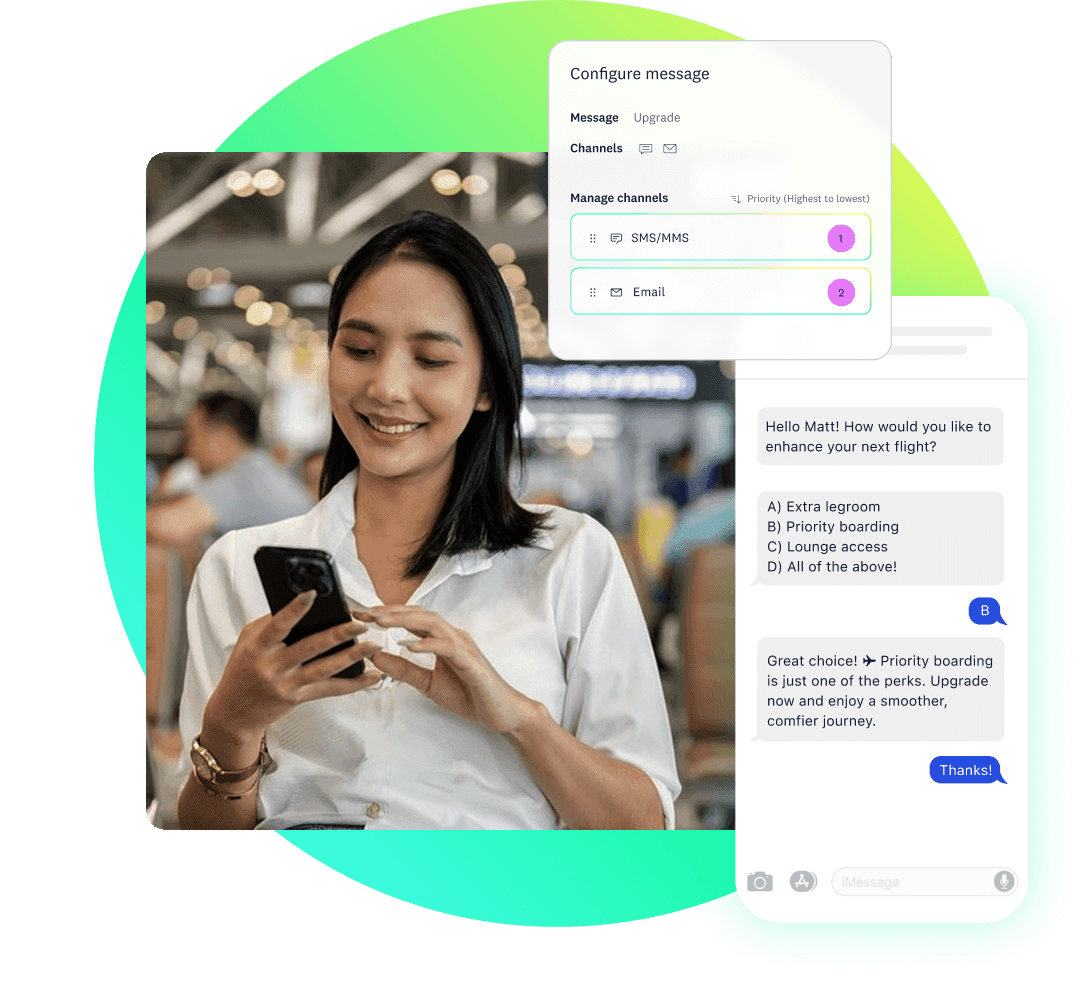 Woman texting on phone with overlays showing SMS and email configuration and an upgrade offer via a conversational SMS message.