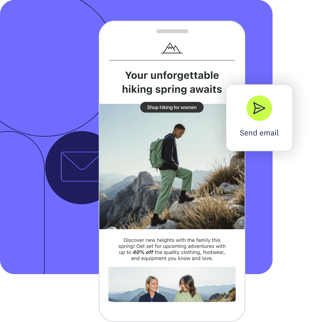 Email promoting spring hiking gear with up to 40% off, alongside a "Send email" button with a cursor hovering over it.