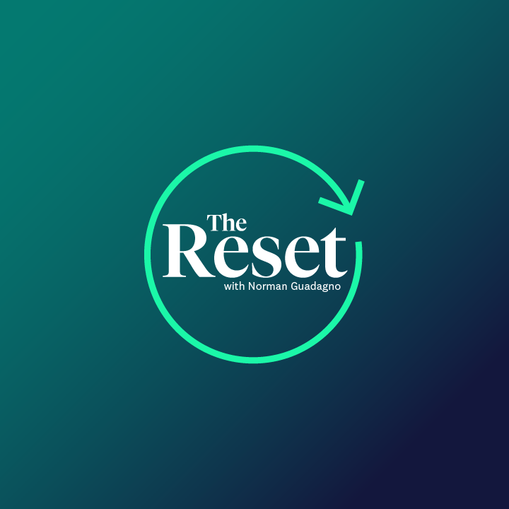 Green to navy faded background with a bright green circular arrow. Text reads: "The Reset with Norman Guadagno."