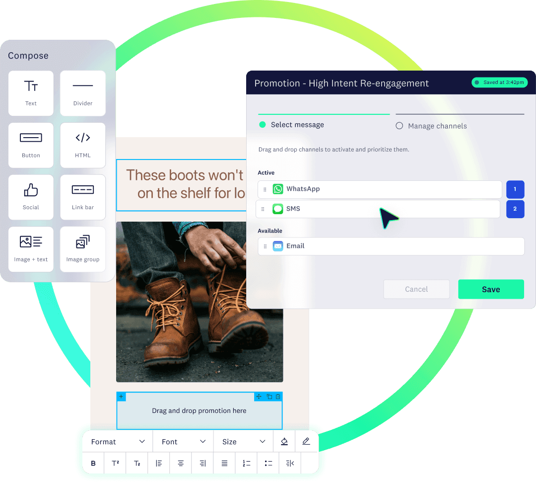 Drag-and-drop message builder with channel activation panel showing WhatsApp, SMS, and email options.