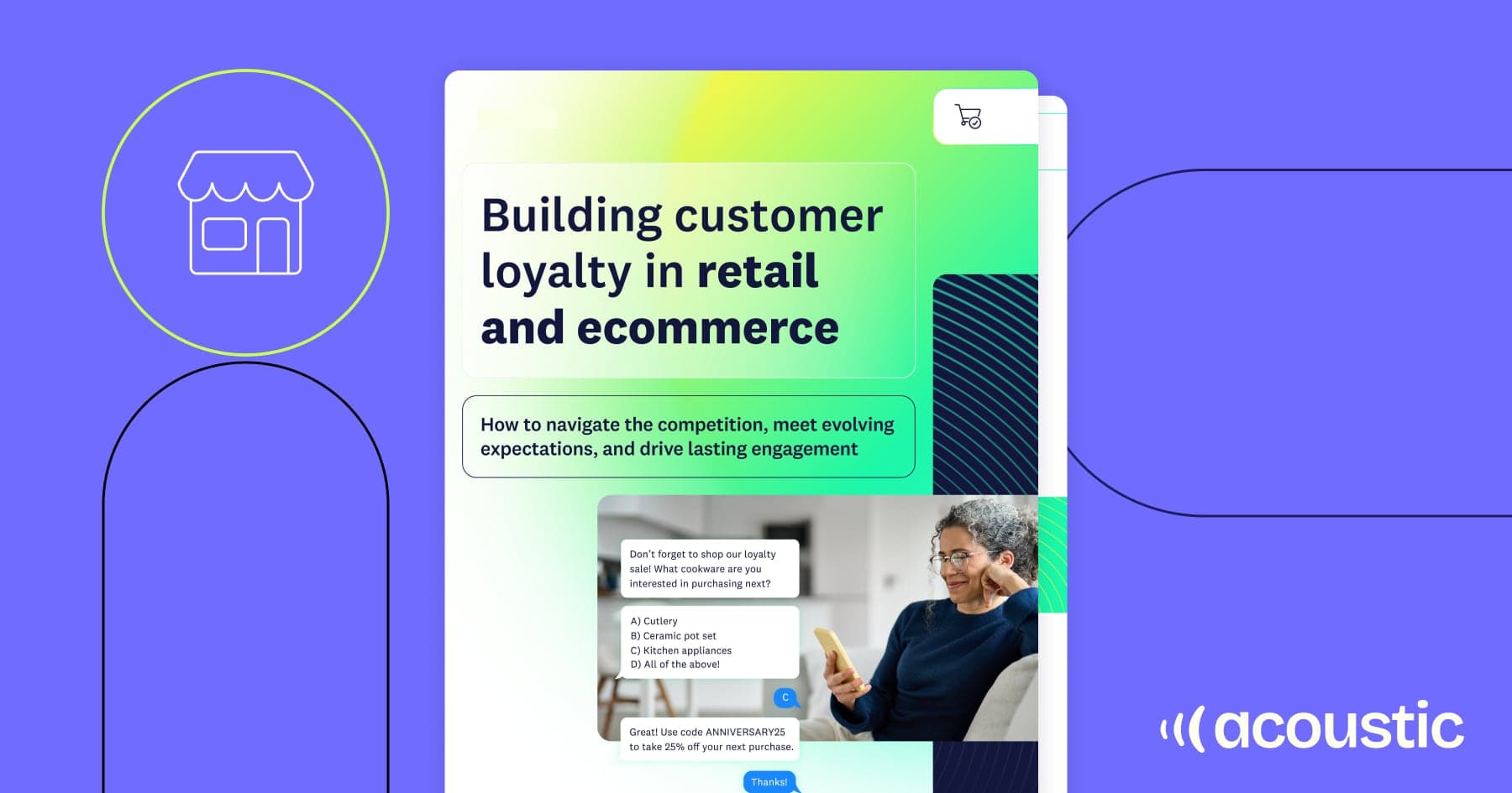 Building customer loyalty in retail and ecommerce' book mockup with a woman using a tablet, on purple