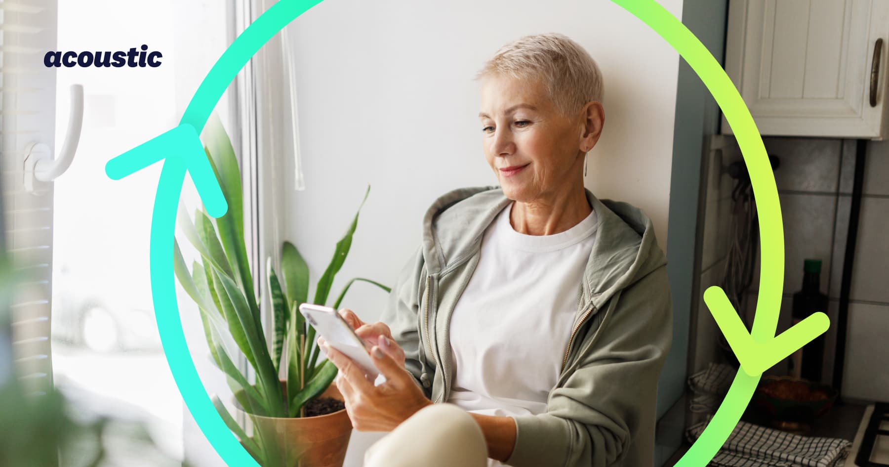 A smiling older woman using her phone while leaning against a wall near a houseplant in a kitchen, with a circular arrow graphic representing a lifecycle and the Acoustic logo.