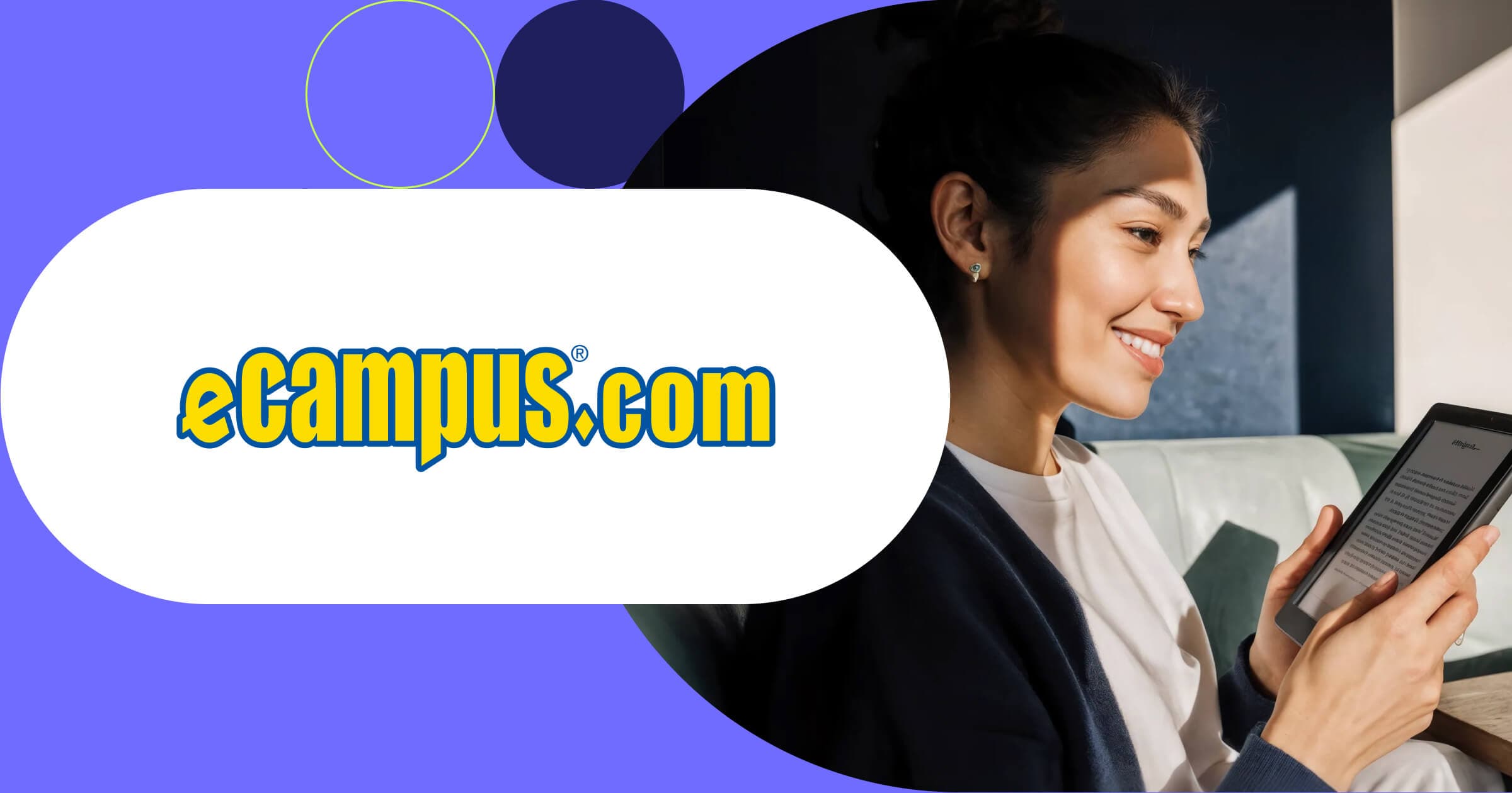 eCampus.com logo with college student reading digital textbook on e-reader tablet in modern study space