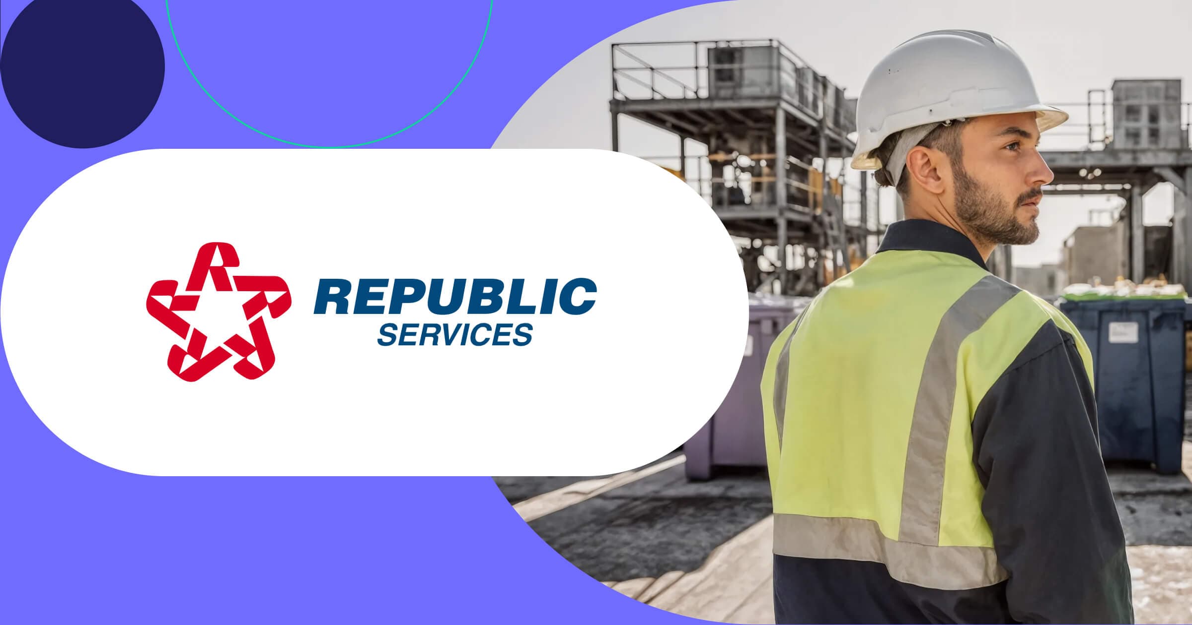 Republic Services logo with waste management worker in safety gear at recycling facility industrial site