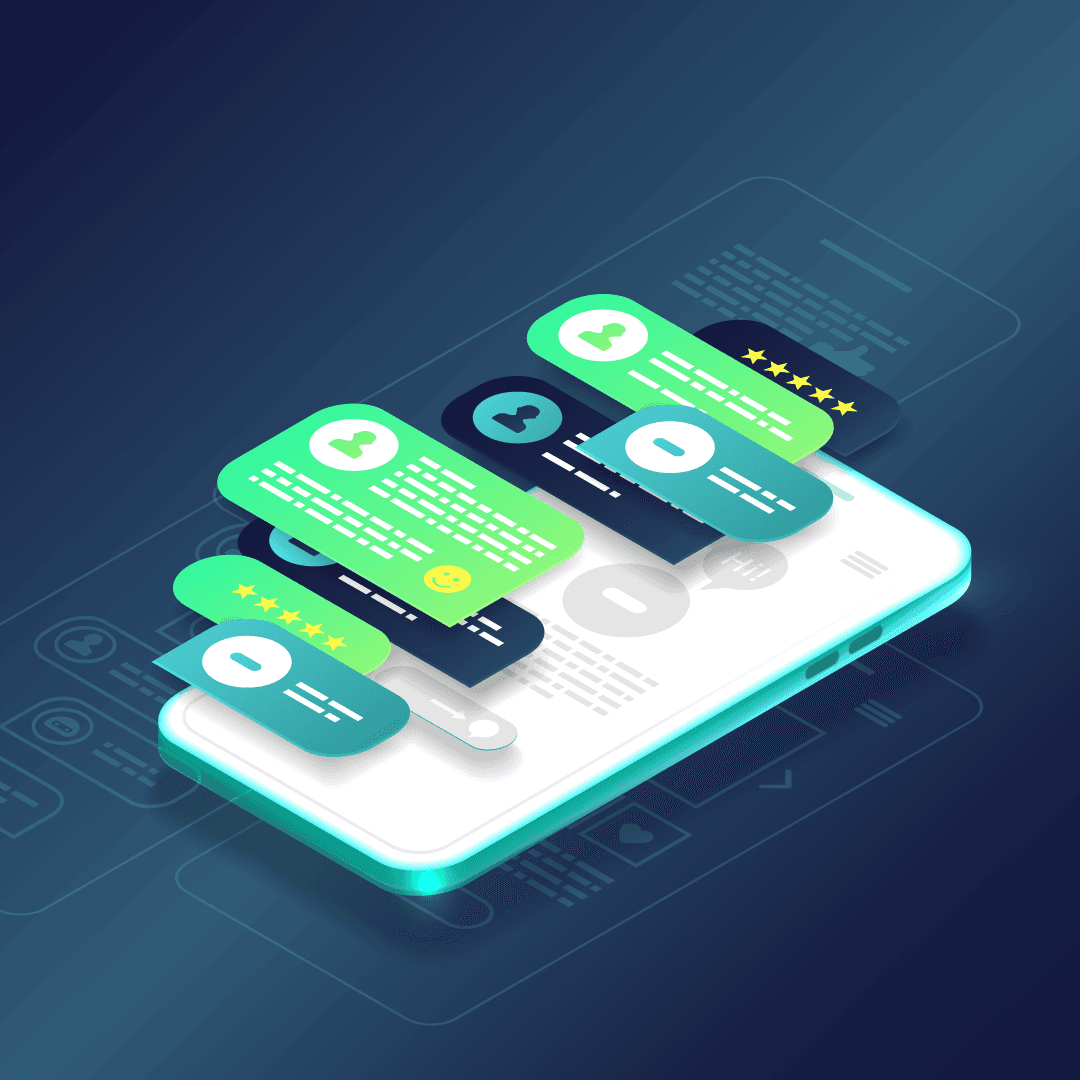 A graphic of an iPhone with graphic, SMS text bubbles in various shades of green and blue over a dark blue background