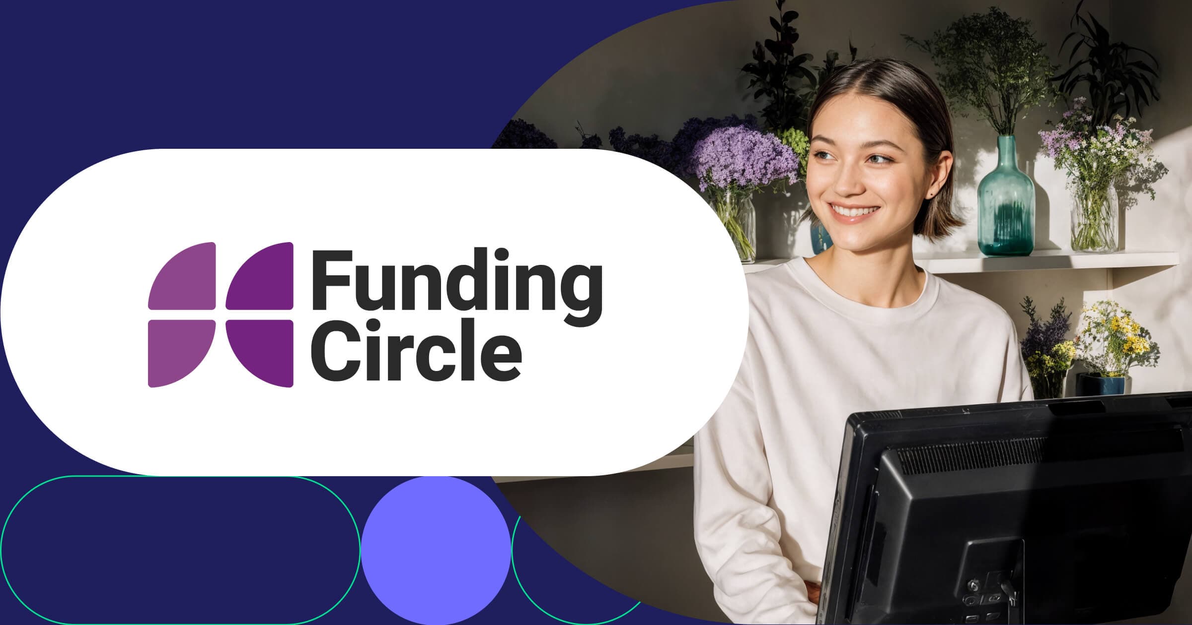 Funding Circle logo with smiling small business owner working at computer in plant-filled home office