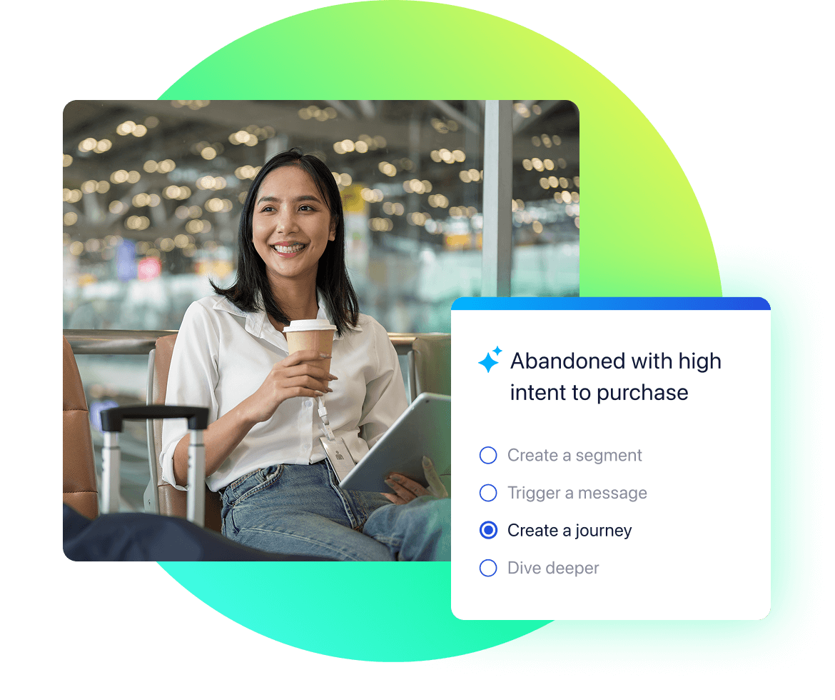 Woman in an airport holding tablet with an interface suggesting high-intent abandonment actions like create a journey.