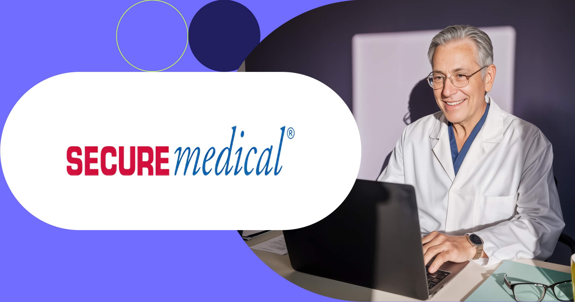 Secure Medical logo with healthcare professional in lab coat working on laptop in modern clinic